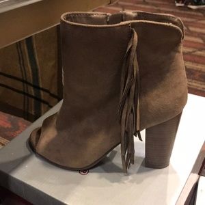 Fringe micro suede peep toe booties